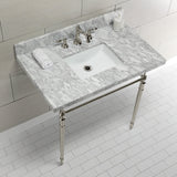 Edwardian 36-Inch Carrara Marble Console Sink with Brass Legs (8-Inch, 3-Hole)
