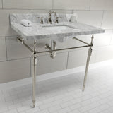 Edwardian 36-Inch Carrara Marble Console Sink with Brass Legs (8-Inch, 3-Hole)
