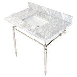 Edwardian 36-Inch Carrara Marble Console Sink with Brass Legs (8-Inch, 3-Hole)