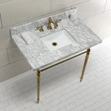 Edwardian 36-Inch Carrara Marble Console Sink with Brass Legs (8-Inch, 3-Hole)