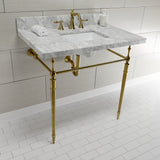Edwardian 36-Inch Carrara Marble Console Sink with Brass Legs (8-Inch, 3-Hole)