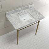 Edwardian 36-Inch Carrara Marble Console Sink with Brass Legs (8-Inch, 3-Hole)