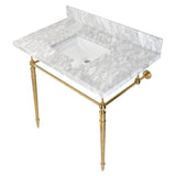 Edwardian 36-Inch Carrara Marble Console Sink with Brass Legs (8-Inch, 3-Hole)