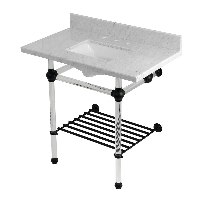 Templeton 36-Inch Carrara Marble Console Sink with Acrylic Legs and Shelf (8-Inch, 3-Hole)