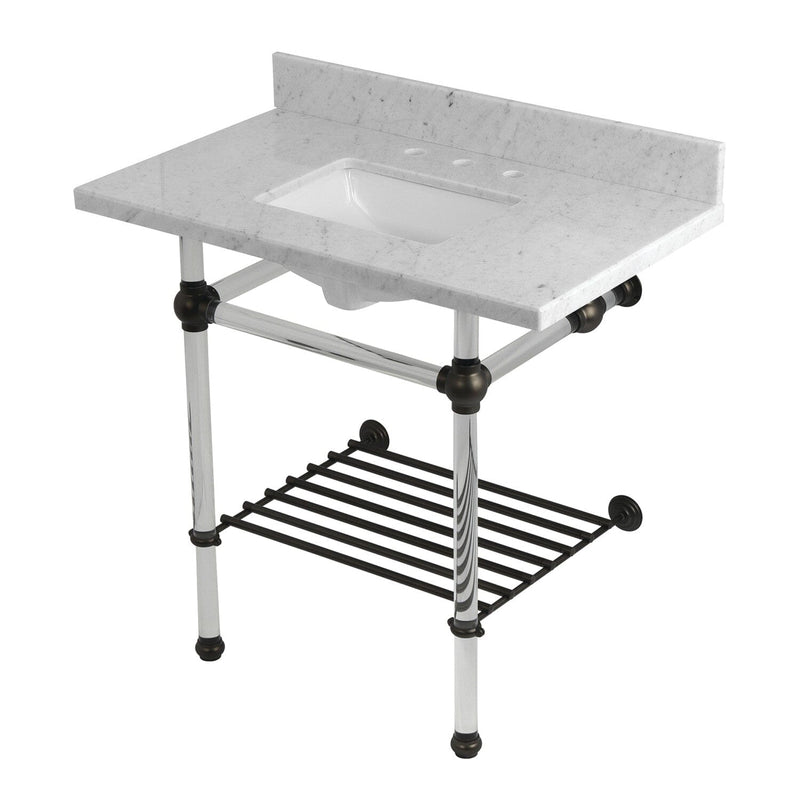 Templeton 36-Inch Carrara Marble Console Sink with Acrylic Legs and Shelf (8-Inch, 3-Hole)