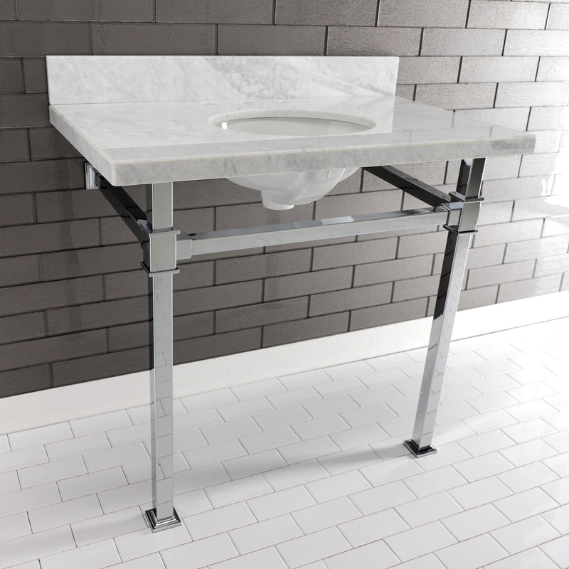 Monarch 36-Inch Carrara Marble Console Sink with Stainless Steel Legs (8-Inch, 3-Hole)