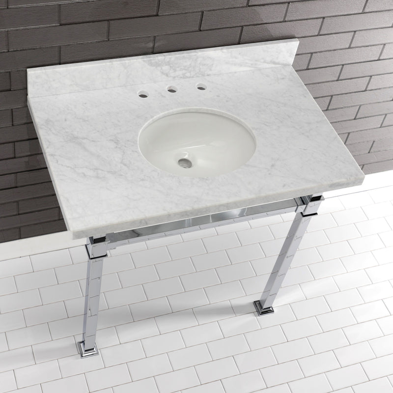 Monarch 36-Inch Carrara Marble Console Sink with Stainless Steel Legs (8-Inch, 3-Hole)