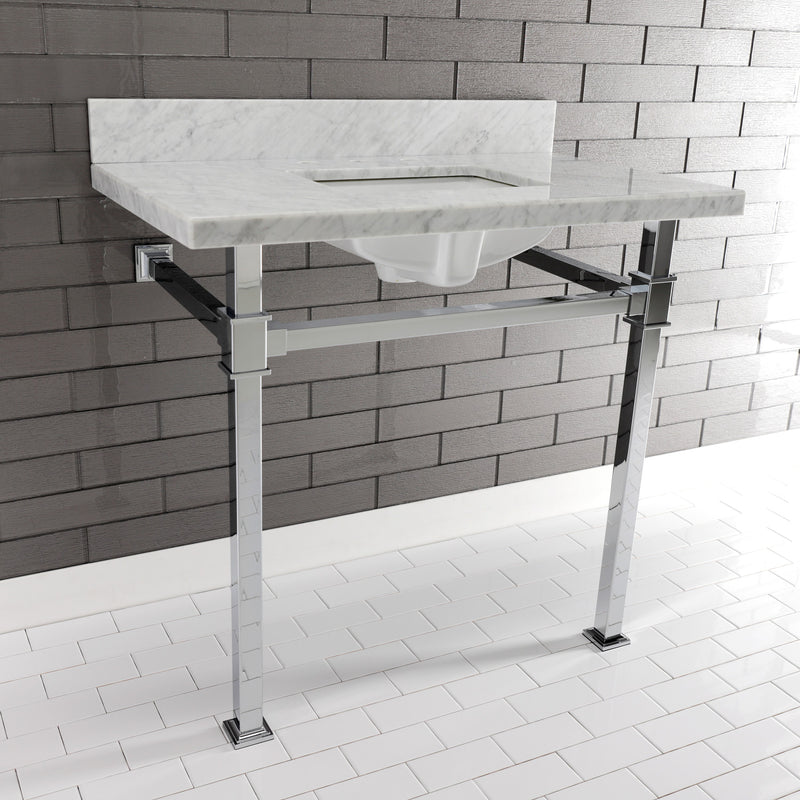 Monarch 36-Inch Carrara Marble Console Sink with Stainless Steel Legs (8-Inch, 3-Hole)