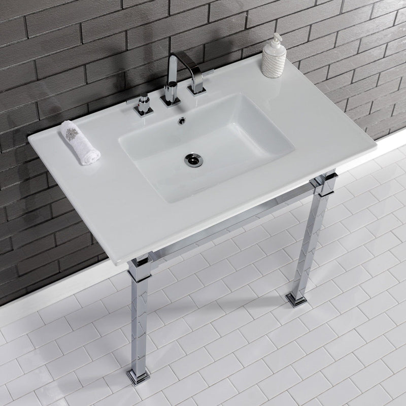 Monarch 37-Inch Ceramic Console Sink with Stainless Steel Legs (8-Inch, 3-Hole)