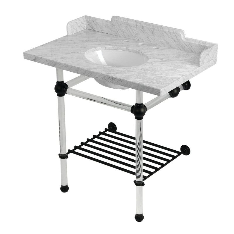 Pemberton 36-Inch Carrara Marble Console Sink with Acrylic Legs and Shelf (8-Inch, 3-Hole)