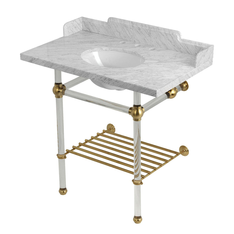 Pemberton 36-Inch Carrara Marble Console Sink with Acrylic Legs and Shelf (8-Inch, 3-Hole)