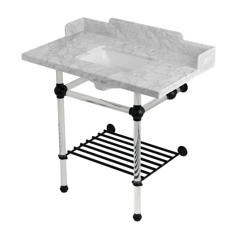 Pemberton 36-Inch Carrara Marble Console Sink with Acrylic Legs and Shelf (8-Inch, 3-Hole)