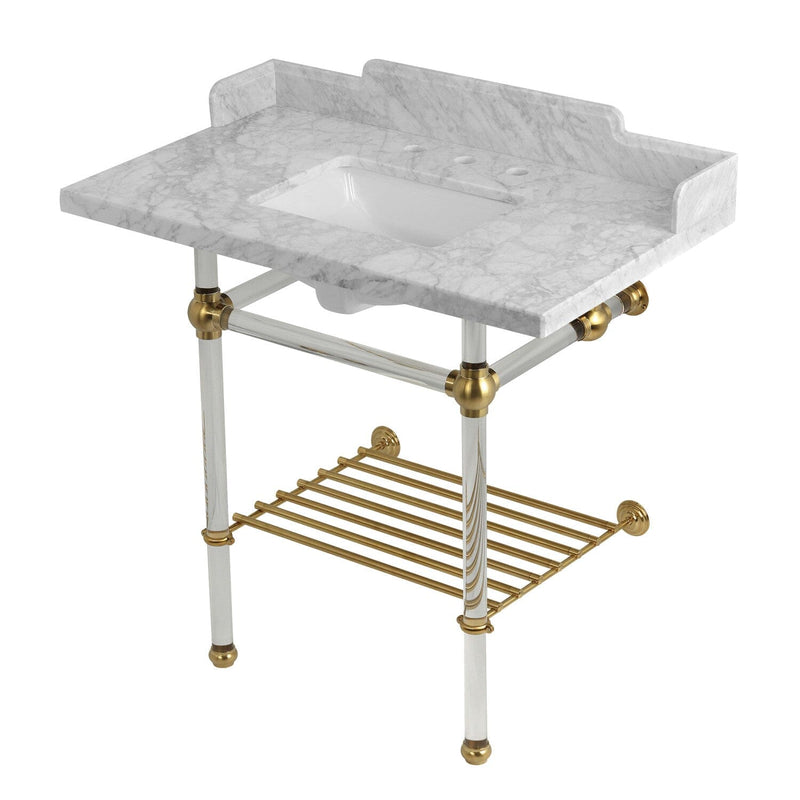 Pemberton 36-Inch Carrara Marble Console Sink with Acrylic Legs and Shelf (8-Inch, 3-Hole)