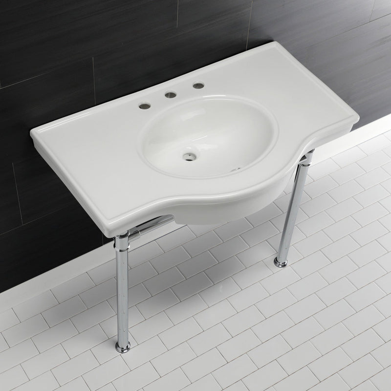 Templeton 37-Inch Ceramic Console Sink with Stainless Steel Legs (8-Inch, 3-Hole)