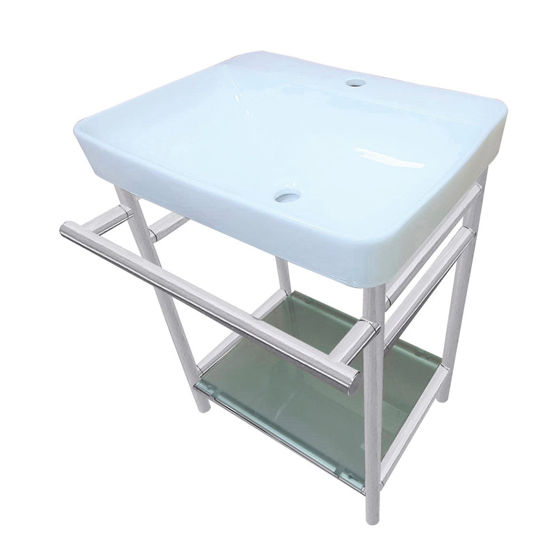 Sheridan 23-Inch Ceramic Console Sink with Stainless Steel Legs and Glass Shelf (1-Hole)