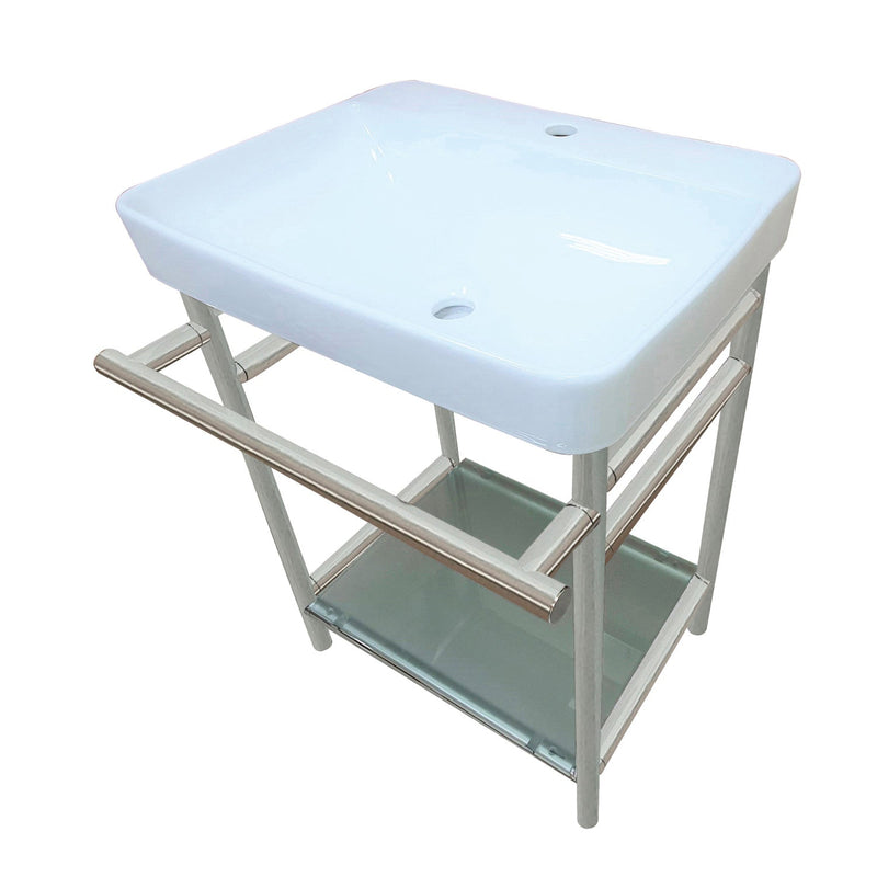 Sheridan 23-Inch Ceramic Console Sink with Stainless Steel Legs and Glass Shelf (1-Hole)