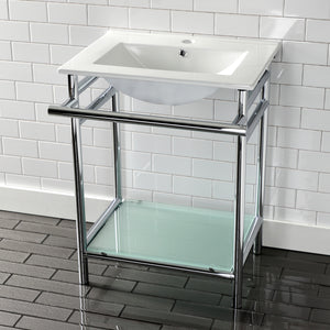 Sheridan 24-Inch Ceramic Console Sink with Stainless Steel Legs and Glass Shelf (1-Hole)