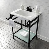 Sheridan 24-Inch Ceramic Console Sink with Stainless Steel Legs and Glass Shelf (4-Inch, 3-Hole)