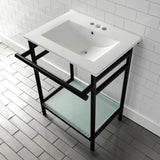 Sheridan 24-Inch Ceramic Console Sink with Stainless Steel Legs and Glass Shelf (4-Inch, 3-Hole)