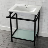 Sheridan 24-Inch Ceramic Console Sink with Stainless Steel Legs and Glass Shelf (4-Inch, 3-Hole)