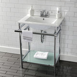 Sheridan 24-Inch Ceramic Console Sink with Stainless Steel Legs and Glass Shelf (4-Inch, 3-Hole)