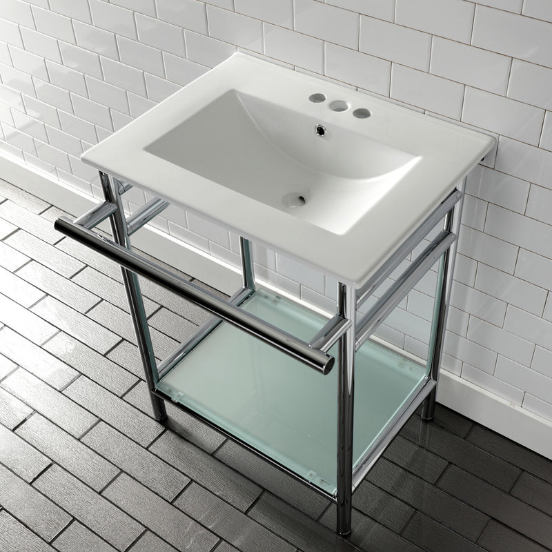 Sheridan 24-Inch Ceramic Console Sink with Stainless Steel Legs and Glass Shelf (4-Inch, 3-Hole)