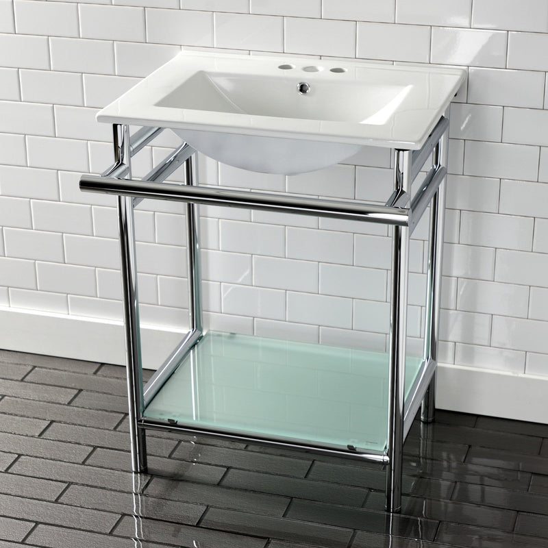 Sheridan 24-Inch Ceramic Console Sink with Stainless Steel Legs and Glass Shelf (4-Inch, 3-Hole)