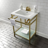 Sheridan 24-Inch Ceramic Console Sink with Stainless Steel Legs and Glass Shelf (4-Inch, 3-Hole)