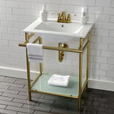 Sheridan 24-Inch Ceramic Console Sink with Stainless Steel Legs and Glass Shelf (4-Inch, 3-Hole)