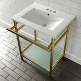 Sheridan 24-Inch Ceramic Console Sink with Stainless Steel Legs and Glass Shelf (4-Inch, 3-Hole)