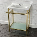 Sheridan 24-Inch Ceramic Console Sink with Stainless Steel Legs and Glass Shelf (4-Inch, 3-Hole)