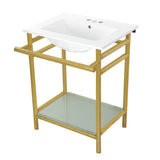 Sheridan 24-Inch Ceramic Console Sink with Stainless Steel Legs and Glass Shelf (4-Inch, 3-Hole)