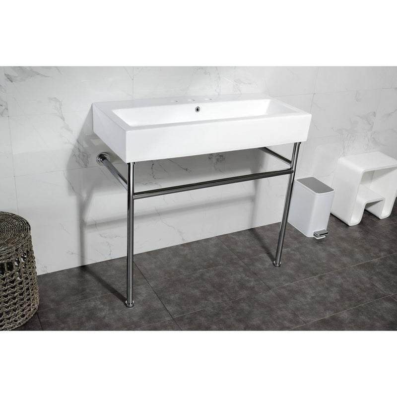 New Haven 39-Inch Porcelain Console Sink with Stainless Steel Legs (8-Inch, 3-Hole)
