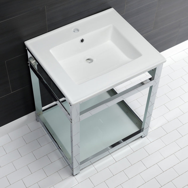 Quadras 25-Inch Ceramic Console Sink with Steel Base and Glass Shelf (1-Hole)