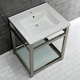 Quadras 25-Inch Ceramic Console Sink with Steel Base and Glass Shelf (1-Hole)