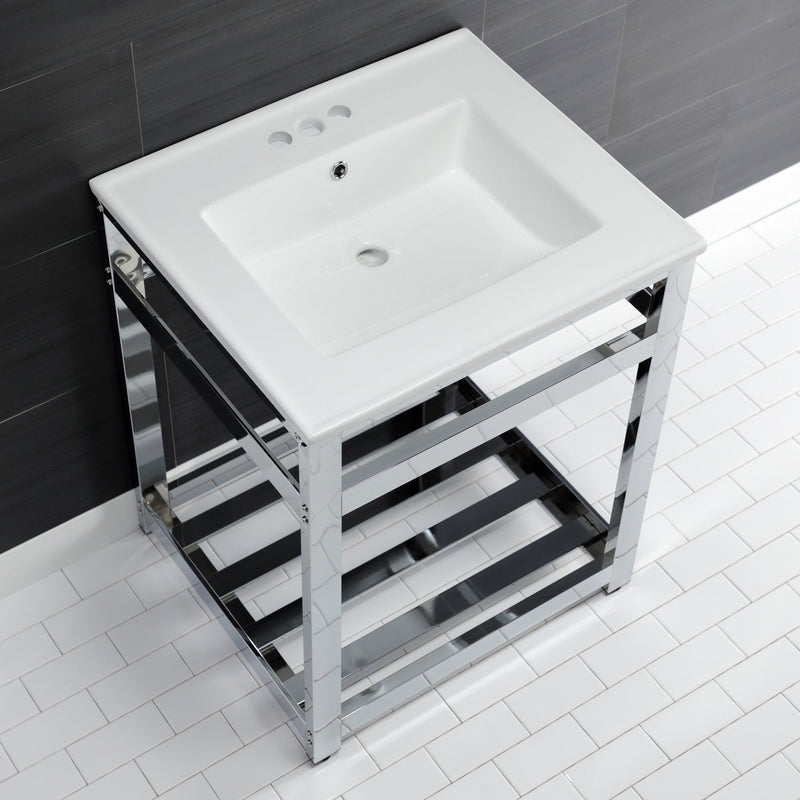Quadras 25-Inch Ceramic Console Sink with Steel Base and Shelf (4-Inch, 3-Hole)