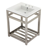 Quadras 25-Inch Ceramic Console Sink with Steel Base and Shelf (8-Inch, 3-Hole)