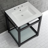 Quadras 25-Inch Ceramic Console Sink with Steel Base and Glass Shelf (8-Inch, 3-Hole)