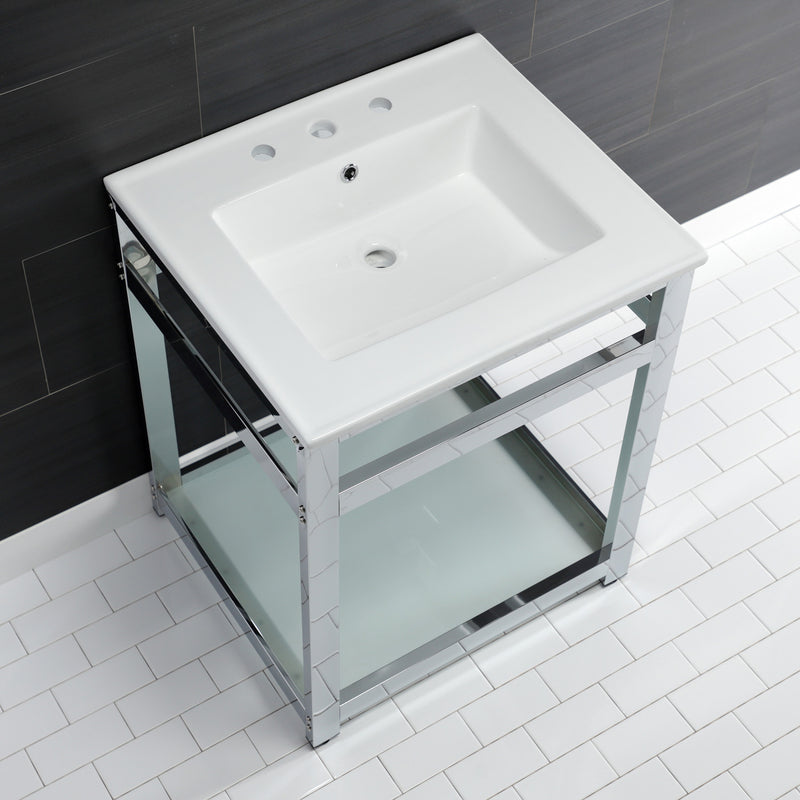 Quadras 25-Inch Ceramic Console Sink with Steel Base and Glass Shelf (8-Inch, 3-Hole)