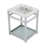 Quadras 25-Inch Ceramic Console Sink with Steel Base and Glass Shelf (8-Inch, 3-Hole)