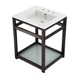 Quadras 25-Inch Ceramic Console Sink with Steel Base and Glass Shelf (8-Inch, 3-Hole)