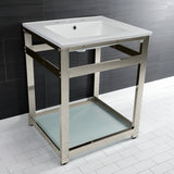 Quadras 25-Inch Ceramic Console Sink with Steel Base and Glass Shelf (8-Inch, 3-Hole)