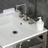 Quadras 25-Inch Ceramic Console Sink with Steel Base and Glass Shelf (8-Inch, 3-Hole)