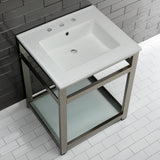 Quadras 25-Inch Ceramic Console Sink with Steel Base and Glass Shelf (8-Inch, 3-Hole)