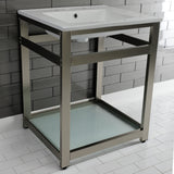 Quadras 25-Inch Ceramic Console Sink with Steel Base and Glass Shelf (8-Inch, 3-Hole)