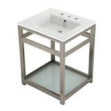 Quadras 25-Inch Ceramic Console Sink with Steel Base and Glass Shelf (8-Inch, 3-Hole)