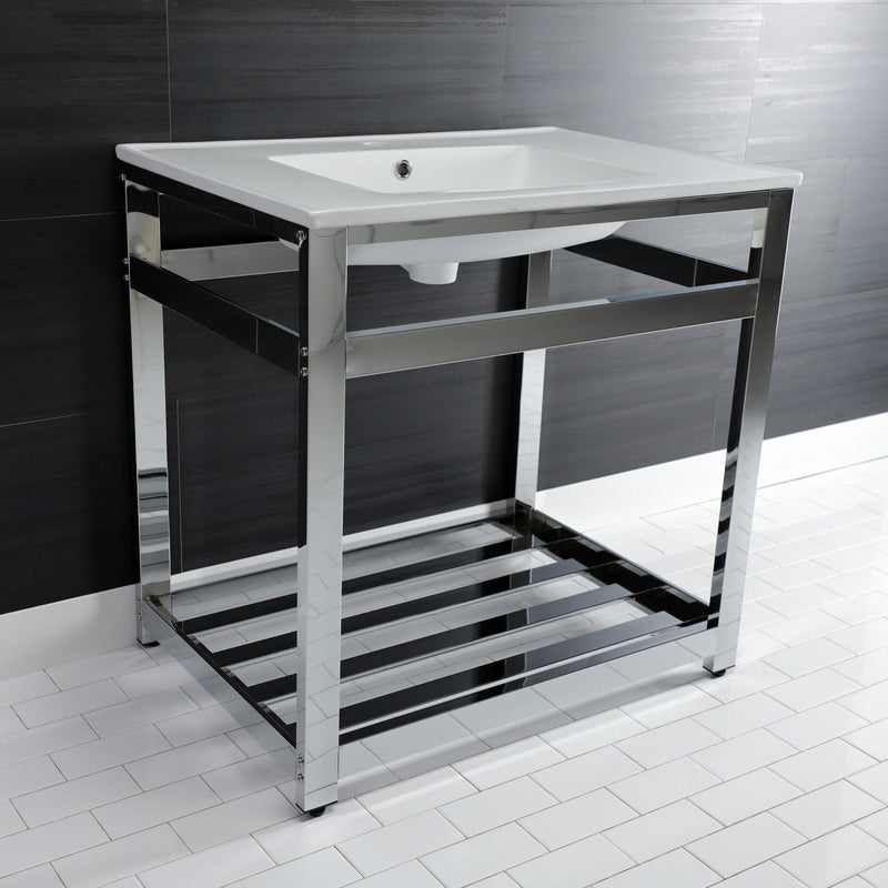 Quadras 31-Inch Ceramic Console Sink with Steel Base and Shelf (1-Hole)