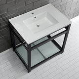 Quadras 31-Inch Ceramic Console Sink with Steel Base and Glass Shelf (1-Hole)