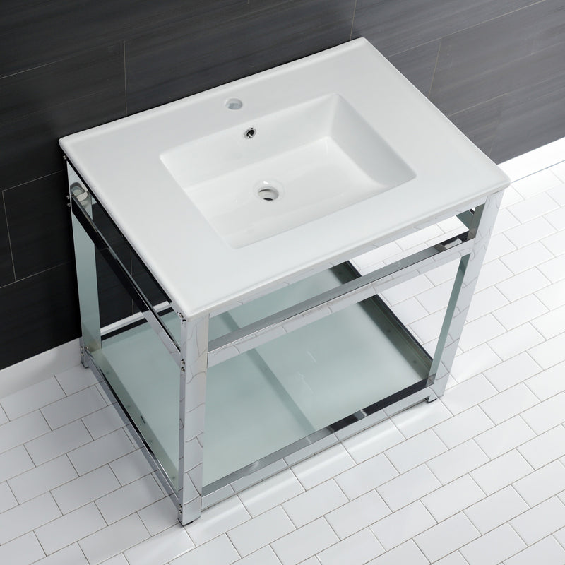 Quadras 31-Inch Ceramic Console Sink with Steel Base and Glass Shelf (1-Hole)
