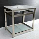 Quadras 31-Inch Ceramic Console Sink with Steel Base and Glass Shelf (1-Hole)